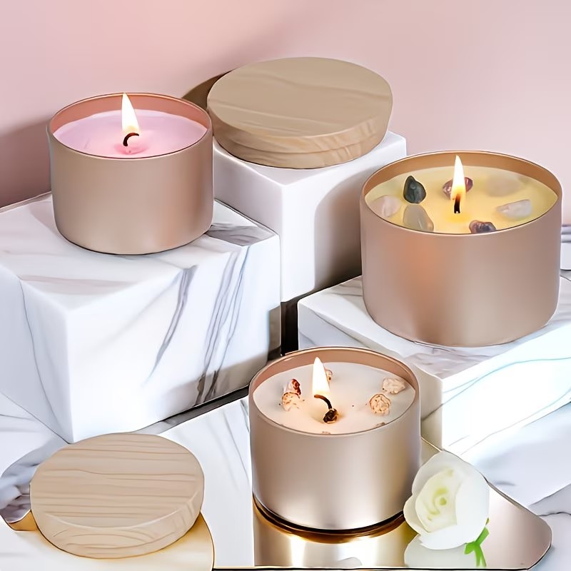 6개 세트 로즈 골드 메탈 캔들 용기 (나무 무늬 뚜껑 - Candle Making Supplies Jars 리뷰 및 가격
